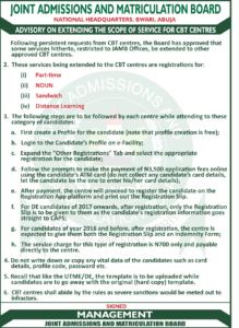 JAMB Fees for Part Time, Sandwich, DLC's & NOUN Registration