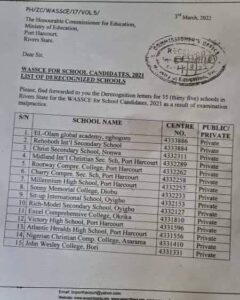 35 Rivers state schools are prohibited by WAEC due to violations (see schools impacted)